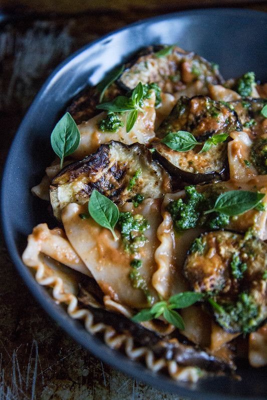 Grilled Eggplant Pasta with Walnut Pesto