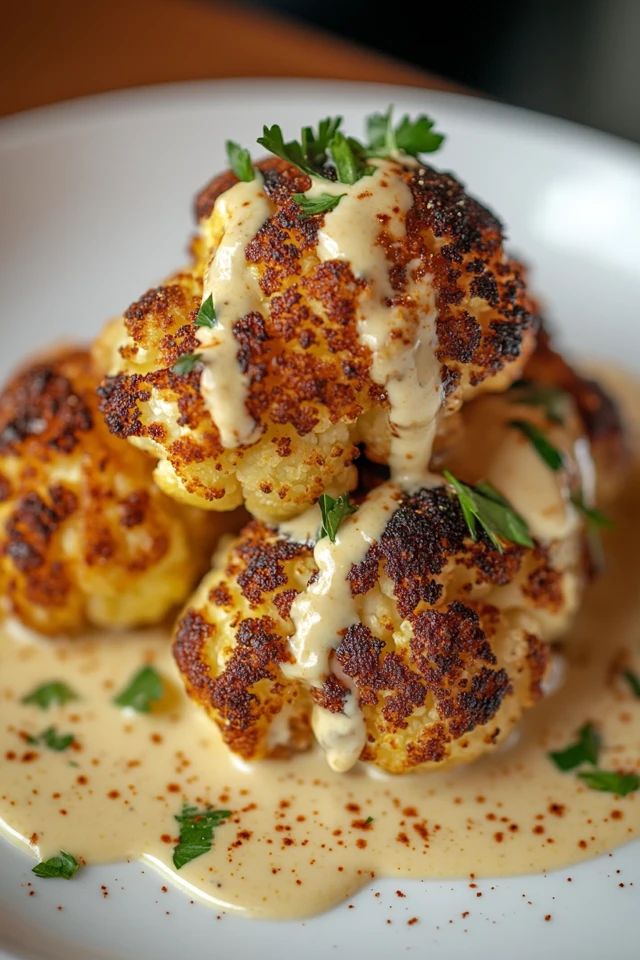 Baked Cauliflower with Tahini Harissa Dressing ✦ Side