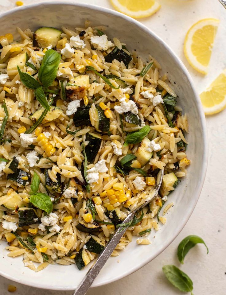 Warm Orzo Salad with Grilled Zucchini + Corn & Green Dressing ✦ Main